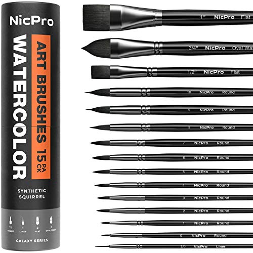 Nicpro 15 Aquarellpinsel Set – Synthetische Eichhörnchenhaarpinsel mit hoher Absorption, Rund, Flach & Filbertpinsel für Aquarell, Gouache, Acryl & Wasserfarben | Künstlerpinsel | Watercolor Brush