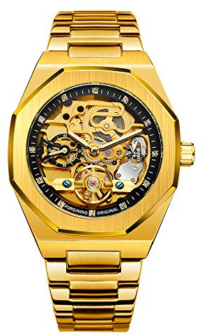 Tourbillon Design analog automatisk klocka i rostfritt stål mekaniskt skelett manlig klocka, Guld-svart