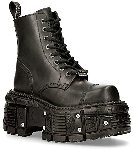 New Rock Botas Unisex TANK083-C1 de Cuero Genuino Negro con Plataforma de Combate Motociclista Militar 8