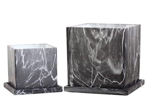 Olly & Rose Carrara Marble Effect Plant Pot Set with Saucers - Indoor & Outdoor - Large - Charcoal