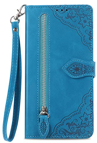 NEXCURIO Zip Wallet Case Compatible with Apple iPhone 13 Pro Max Phone Case Wallet with Credit Card Holder Strap Stand Women Leather Flip Case Floral Folding Cover Shockproof - Blue