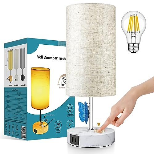 Wondlumi Nachttischlampe Touch Dimmbar LED Tischlampe mit USB A+Typ-C-Anschlüssen,3 Wege Dimmbar Touch-Steuerung E27 LED Tischleuchte Marmorader Inkl. 6W 600lm LED-Birne,für Schlafzimmer