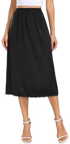 Vlazom Women's Satin Half Slips Lace Long Underskirt Soft Waist Slips for Under Dresses Long Skirt Petticoat,Black,S