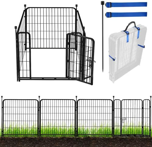 ADAVIN Tall Garden Fence with Gate,40 in(H) 4 Panels Animal Barrier Fence, Black Heavy Duty Iron Metal Fencing Border, Indoor or Outdoor Dog Playpen, No Dig RV Fencing for Yard. Total 8.9 FT(L)