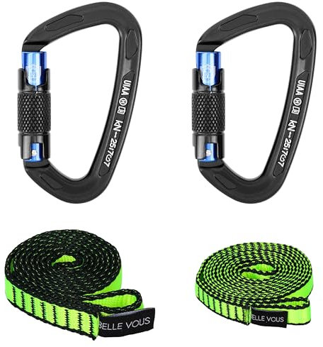 Belle Vous Automatisch verriegelnde Kletterkarabiner mit Nylonseil 2er Pack - Schwerlastkarabiner 25KN für Klettern, Hängematten, Camping - Karabiner Klettern - Kletterseil