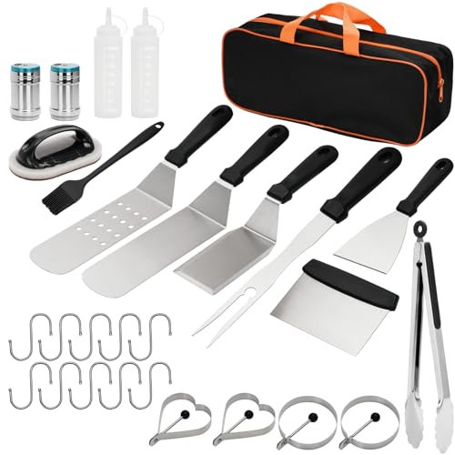 Sexyhot 28pcs Kit Accessoires pour Barbecue, Ensemble d'accessoires Professionnelle BBQ, Spatule De Cuisine en Acier Inoxydable pour l'Extérieur Cadeaux pour Hommes(Noire)