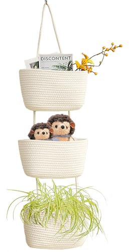 AARAINBOW Wall Hanging Cotton Baskets, Large 3 Tier Decorative Hanging Baskets for Wall Door, Boho Nursery Wall Basket for Organizing, 3 Tier Hanging Basket Bathroom (B-White)