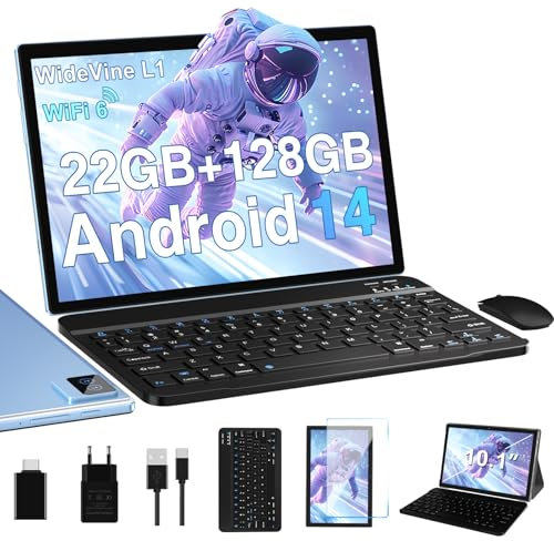 Biegedy Tablet 10 Pollici Tablets Android 14 Octa-Core 2.0 GHz, 22GB RAM+128GB ROM (1TB TF) 5G/2.4G WiFi 6, Widevine L1/GMS/Involucro in metallo/BT5.0/8000mAh/5+8MP, Tablet con Tastiera e Mouse - Blu