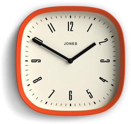 Jones Clocks® Marvel wall clock | Retro rounded square clock | 25cm | Orange | Cool designer look for kitchen, living room or office