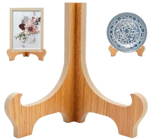 6 Inch Wooden Plate Stand and Easel Display for Pictures, Mini Tabletop Decorative Holder for Platters, Dishes, Books, Photos, Plaques - Bamboo Wood Color