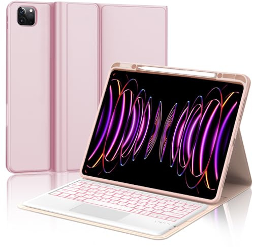 IVEOPPE Tangentbord för iPad Pro 12,9 tum Con Touchplatta, tysk QWERTZ-layout, bluetooth, magnetiskt 7-färgat belysning, tangentbord för iPad Pro 12,9 tum (6,/5/4,/3. Gen) 2018–2022, rosa