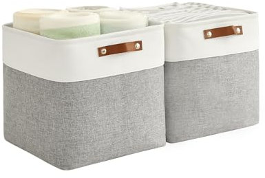 Bagnizer 2PCS Foldable Storage Baskets for Shelves Closet Fabric Cube 33CM Organizer Box Bins with Handles Waterproof Canvas Box for Clothes, Pet Toys, Office Products, Bedroom Grey & White