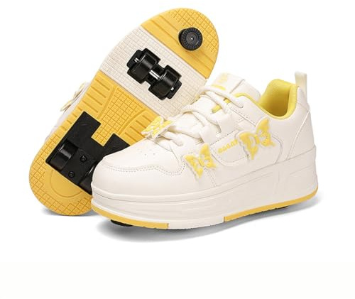 Mateju Chaussures à roulettes Fille Patins à roulettes Automatiques Rétractable Enfant avec 4 Roulette, Papillon 2 en 1 Chaussures de Skateboard Réglables Adolescents pour Femme