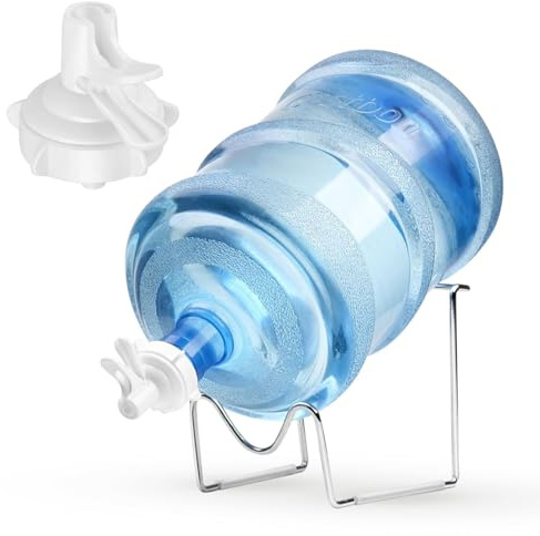 Flexzion Support pour distributeur d'eau de 8 à 15 litres - Support en métal plaqué avec valve de distributeur d'eau, bouchon anti-poussière et bâton en bois pour bouteilles d'eau de 55 mm, comptoir