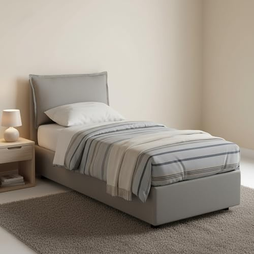 Talamo Italia - Einzelbett Carolina, Bettkasten mit Stoffbezug, 100 % Made in Italy, Öffnung vorne, inklusive Matratze 80 x 190 cm, Grau