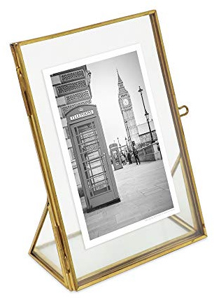 Isaac Jacobs 4x6, Antique Gold, Vintage Style Brass and Glass, Floating Photo Frame, Metal, (Vertical), with Locket Closure and Angled Base, for Pictures, Art, Mementos, Keepsakes (4x6, Antique Gold)