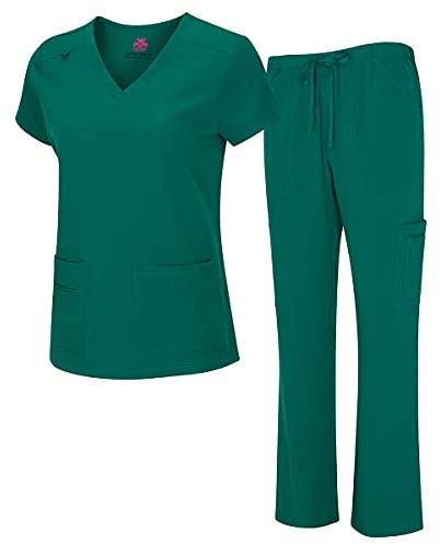 Natural Uniforms Women's Cool Stretch V-Neck Top and Cargo Pant Set (True Hunter Green, Medium)