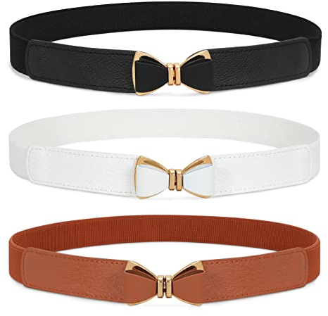 JasGood 3 Stück Damen Elastischer Dünne Gürtel Metallschnalle Stretch Dünner Taillengürtel für Kleid, Schwarz/Weiß/Braun, 70cm