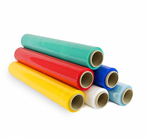 Pellicola per imballaggio 50 cm di larghezza e stirabile fino a 300 metri di lunghezza – Rotolo di pellicola elastica manuale per imballaggio industriale (18 rotoli, multicolore)