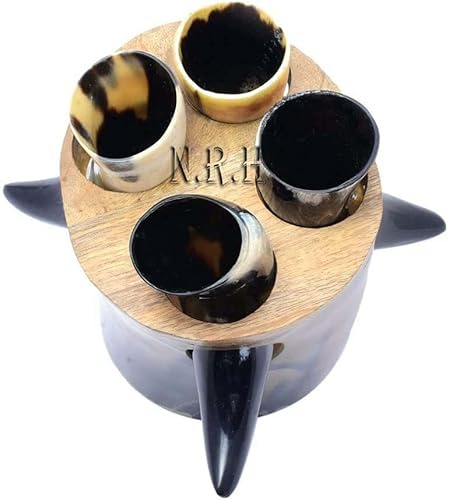 Nautical Replica Hub Viking Drickhorn Horn Shotglass Medeltida Stil Äkta Oxhorn Handgjort Skräddarsytt stativ (4 set Hornshots med stativ)