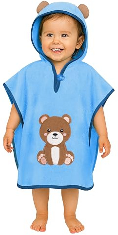 LAYNENBURG Premium badponcho för barn med huva – 100 % bomull – OEKO TEX – baby pojkar flickor handduk poncho frotté, Blå – björn, 1-3 år
