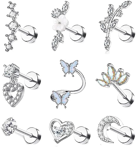 JeweBella 9PCS 16G Helix Piercing Chirurgenstahl für Damen Knorpel Ohrringe Zirkonia Blume Herz Schmetterling Ohrstecker Labret Nase Conch Piercing Set Tragus Piercing Ohr Schmuck Silber/Gold