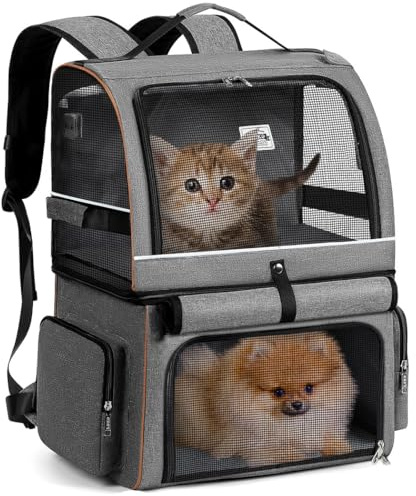 Lekespring Zaino per gatti a doppio strato, per 2 gatti, grande gatto, pieghevole, per animali domestici, fino a 11 kg, colore grigio