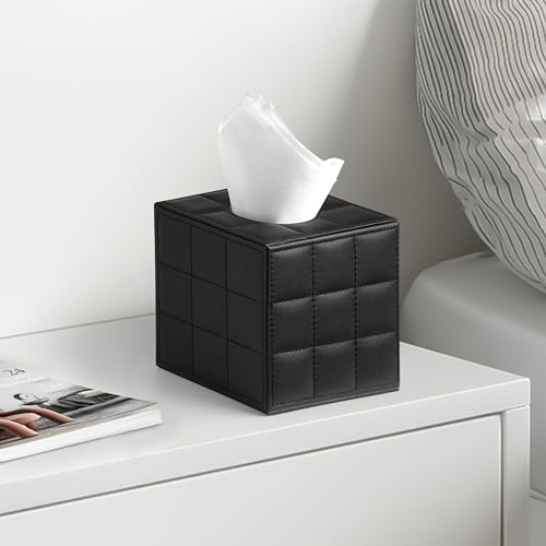 Winter Shore Taschentücher Box Spender Cover Hotel-Design - Elegante Taschentuch Box für Schminktisch/Nachttisch - Magnetischer Deckel, Modernes Leder - Kosmetiktücher Box Schwarz, 13,5 x 13,5 x 14 cm