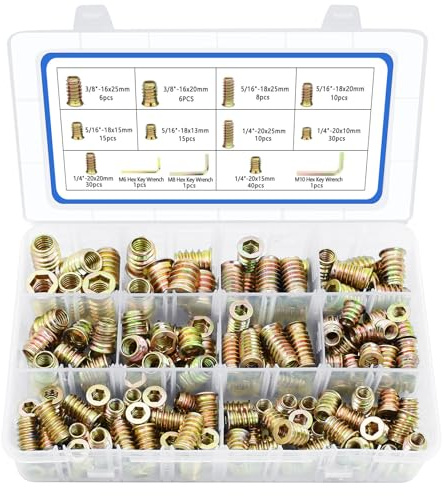 170 PCS Threaded Inserts Nuts, 10 Sizes-1/4-20, 5/16-18, 3/8-16 Wood Inserts Assortment Kit, Steel Threaded Inserts for Wood Furniture Screw Threaded Inserts Kit with 3 PCS Hex Wrench