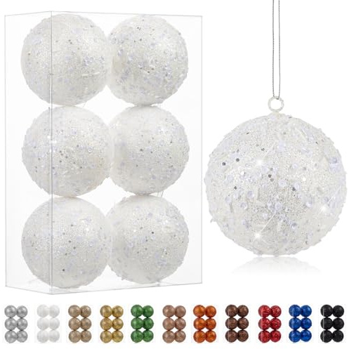 Oairse Adornos grandes de Navidad de 10 cm, 6 piezas inastillables grandes blancas para árbol de Navidad, adornos de árbol de Navidad con purpurina para Halloween, vacaciones, boda, decoración de