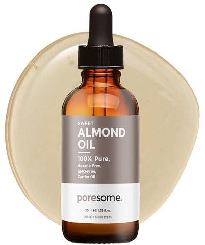 Poresome Sweet Almond Oil for Hair, Skin & Massage - 100% Pure, GMO Free, Hexane Free Carrier Oil - Vegan, Cruelty & Fragrance Free - UK Made - 50ml