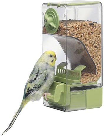 Automatischer Vogelfutterspender, Vogelkäfig-Futterspender mit Sitzstange für Wellensittiche, Sittiche, Kanarienvögel, Nymphensittiche, Finken (Grün)