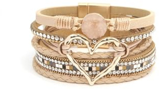 GAUEIOUR Boho Gold Heart Leather Braided Wrap Bracelets Cream Yellow Multilaye Clasp Cuff Bangle for Women Birthday Presents Jewellery