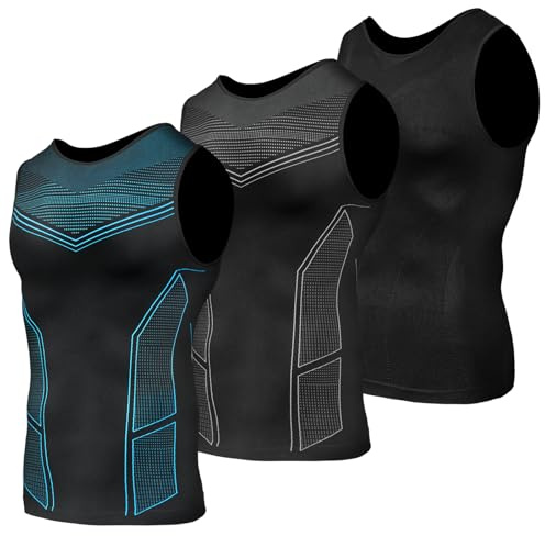 Odoland 3 Pack Men Compression Shirt, Tummy Control Slimming Undershirt Tank Top Men,Line Grey/Line Blue/Black,XXL