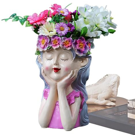 Pot de jardinière féerique, jardinière succulente féerique | Fée du Pot de Fleurs | Pot de Fleur Fille pensante avec Statue de Visage drôle, Pot de Fleur en résine féerique pour Balcon