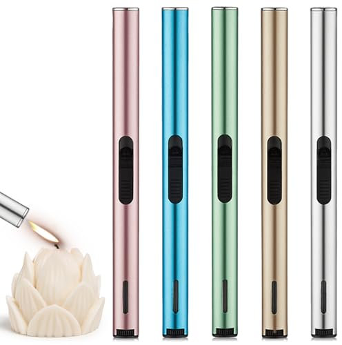 5 Stück Stabfeuerzeug Gas Nachfüllbar, Metall Feuerzeug 5 Farbe Feuerzeug 19.5cm Kerzenfeuerzeug Sturmfeuerzeug Gasfeuerzeug Sicherheitszünder Gas Nachfüllbar (Gold, Silber, Rosa, Grün, Blau)