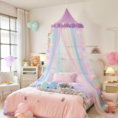 Temopow Rainbow Bed Canopy with Led Light Colorful Mesh Stitching Mosquito Net Princess Dome Mesh Bed Canopy for Bedroom Decoration Princess Bed Netting