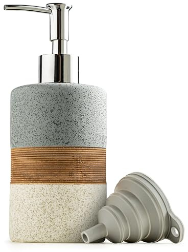 Cormomu Ceramic Soap Dispenser Set for Hand Soap, Shampoo, Dish Soap, Conditioner, Bathroom & Kitchen, Stainless Steel Pump, Includes Silicone Funnel, 12 Oz, Non-Slip, Elegant Kitchen Decor, Gray