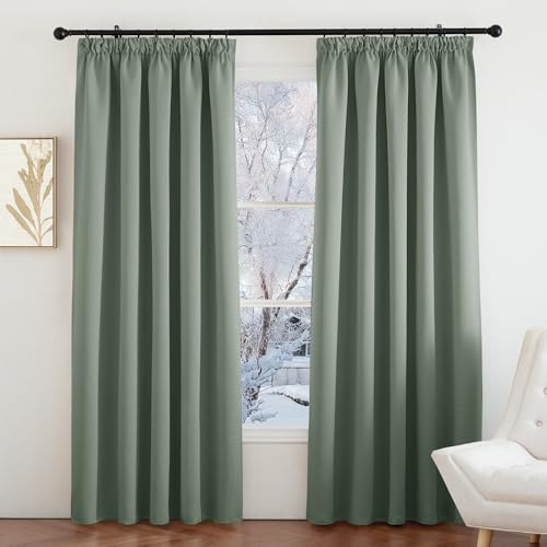 PONY DANCE Blackout Pencil Pleat Curtains, Sage Green, W66 x L84, 2 Panels | Thermal Insulated Curtains with Noise Reducing & Privacy, Luxury Soft Window Treatment for Bedroom & Living Room