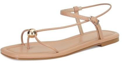 GTBINGGO Tan Strappy Flat Sandals for Women Comfortable Open Square Toe Slingback Sandals Dressy Beach Thong Flip Flop Slides Sandals