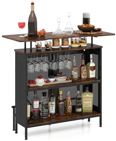 KOMFOTTEU Table de Bar avec 1 Étagère surélevée et 6 Porte-gobelets, Table à Vin à 4 Niveaux, Tables pour Boire Cuisine, Repose-Pieds, Style Industrielle, noir, 120 x 50 x 106,5 cm (Rectangulaire 2.0)