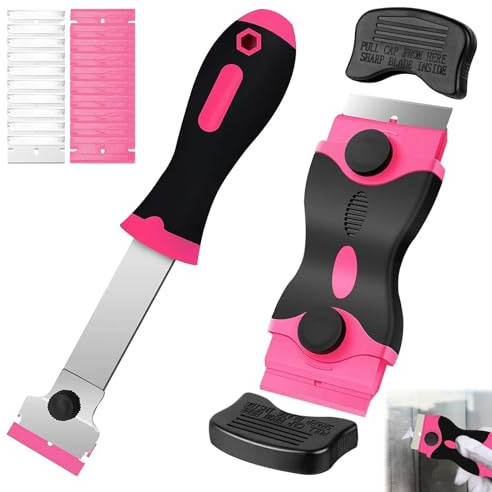 22PCS Non Scratch Scrapers Cleaning Tool, 1 Double Edged Glass Scraper and 1 Long Handle Scraper with 10 Metal and 10 Plastic Accessories, Surface Scrapers for Removing Grease Labels Paint Stickers