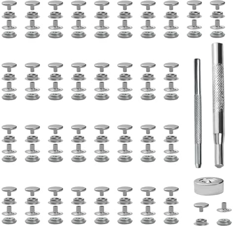 200 Piezas Botón de Acero Inoxidable, Corchetes Botones de Presión Ojales Metálicos para Lonas Atornillar con Tornillo Broches de Lona 15mm, con 3 Herramientas de Ajuste para Cuero, Lona, Ropa (Plata)