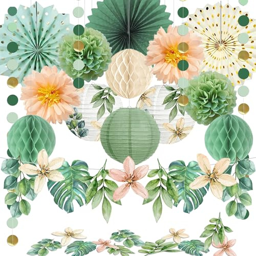 Syoulin Decorazioni Estive Verde Salvia 27pz | Lanterne, Ghirlande e Fiori di Carta per Matrimonio, Compleanno e Decorazione Tavolo,si installa in pochi minuti con estrema facilità