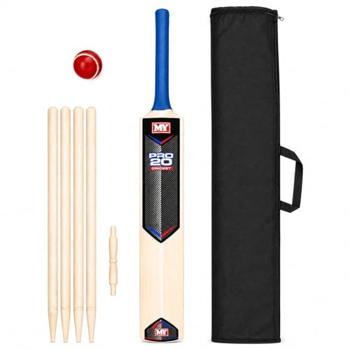 Kids Wooden Cricket Set Size 5 – Junior Cricket Bat Set with Ball Stumps Bails & Carry Bag – 80cm Wooden Bat Rubber Grip Soft Ball Garden Beach Outdoor Cricket Game for Children Age 4+