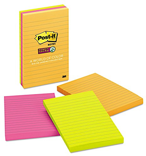 Post-it Super Sticky Large Notes, Lined, 270 Sheets, Pack of 3 Pads, 101 mm x 152 mm - Holds Strong to Many Surfaces - Assorted Colours - for Walls, Monitors and Fridge, Recycable