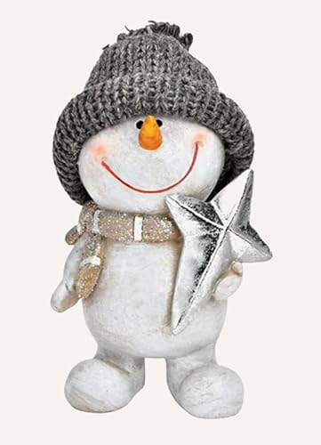 TEMPELWELT Figurine décorative bonhomme de neige avec étoile 14 cm, en céramique blanche et grise, figurine de bonhomme de neige, décoration d'hiver, Noël