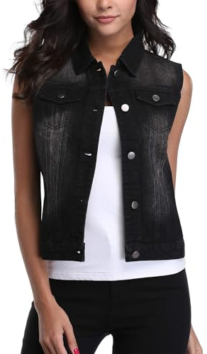 MISS MOLY Chaleco Vaquero Mujer Chaqueta De Mezclilla Sin Manga Chaleco Corto Jeans Denim con Bolsillos Large Negro