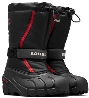 Sorel KIDS FLURRY Waterproof Unisex Kids Snow Boots, Black (Black x Bright Red) - Youth, 5 UK