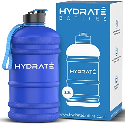 HYDRATE XL Jug 2.2L Water Bottle - Big Water Bottle with Integrated Handle and Nylon Strap - BPA-Free, Leak Proof Pop Cap Sports Bottle for Gym, Travel and Daily Hydration - Frosted Blue